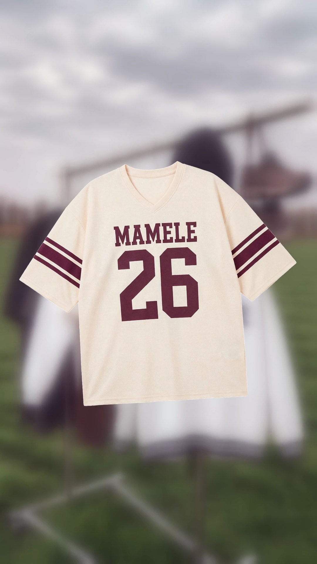 Varsity '26 V-Neck, cream with maroon stripes