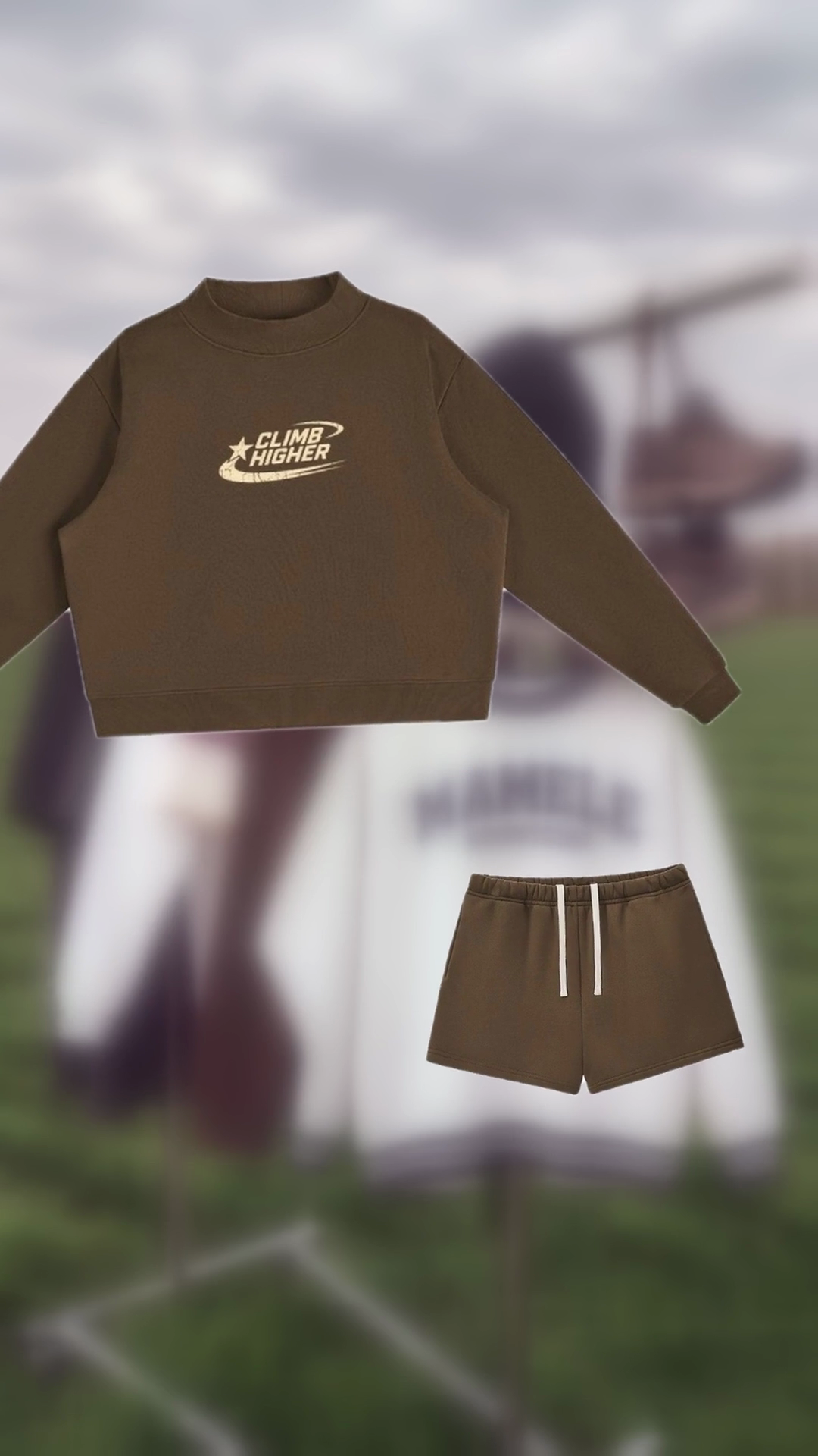 Climb Higher mock-neck in brown with matching shorts