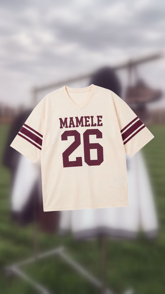Varsity '26 V-Neck, cream with maroon stripes
